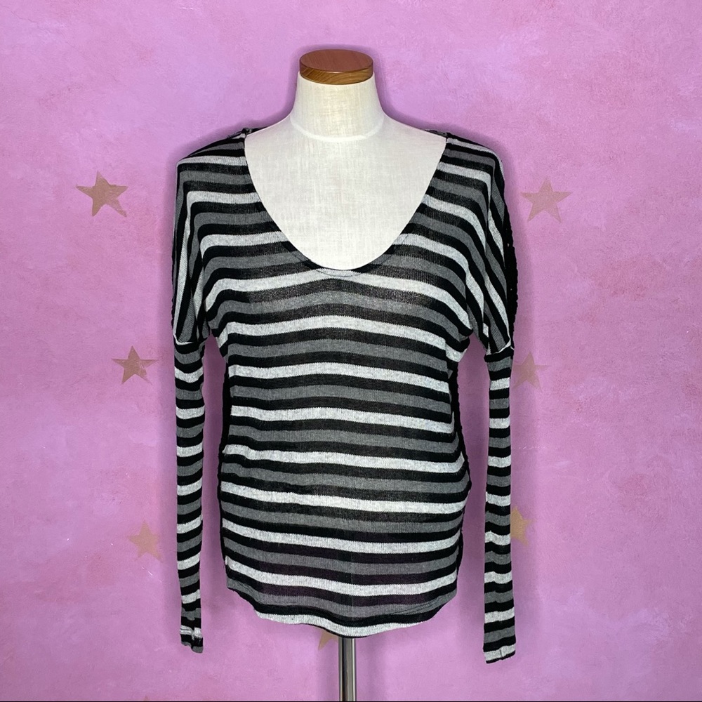 Woodleigh Sweater Women's Medium Black & Grey Striped Crocheted Open Back